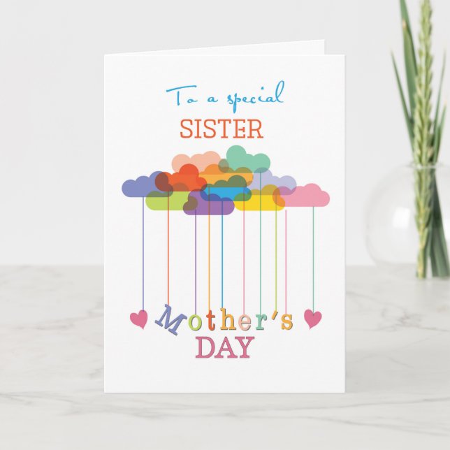Sister, Cute Mother's Day Rainbow Clouds Hearts Card (Front)