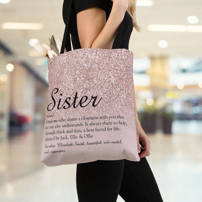 Sister Definition Script Rose Gold Glitter Tote Bag (Sister Definition Script Rose Gold Glitter Tote Bag)