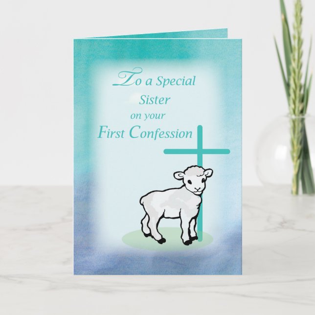 Sister First Confession Lamb Cross on Teal Card (Front)