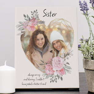 Sister Gold Heart Shaped Pink Floral Photo Faux Canvas Print