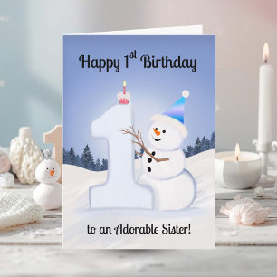 Sister Happy 1st Birthday Snowman Building Card
