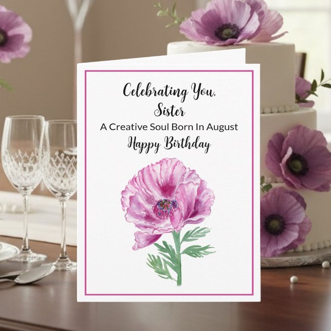 Sister Happy August Birthday Purple Poppy Card (Creator Uploaded)