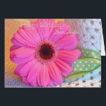 Sister Happy Birthday Pink Daisy Card<br><div class="desc">A pretty birthday card for a sister with a pink Gerber Daisy next to a white straw hat with a green ribbon with white polka dots.</div>