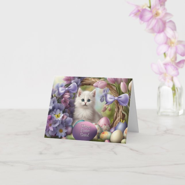 Sister Happy Easter Fluffy White Kitten Easter Card (Orchid)