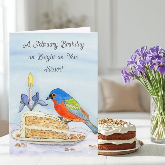 Sister Happy February Birthday Painted Bunting Card (Creator Uploaded)