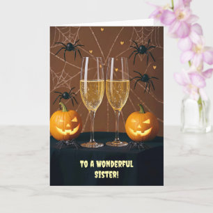 Sister Happy Halloween Champagne Cheers Funny Card