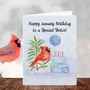 Sister Happy January Birthday Cardinal with Cake Card