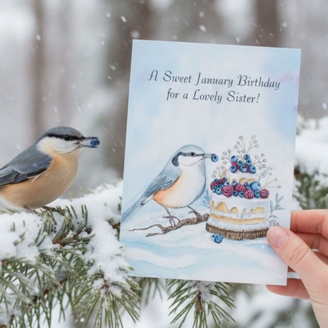 Sister Happy January Birthday Red Breasted Bird Card (Creator Uploaded)