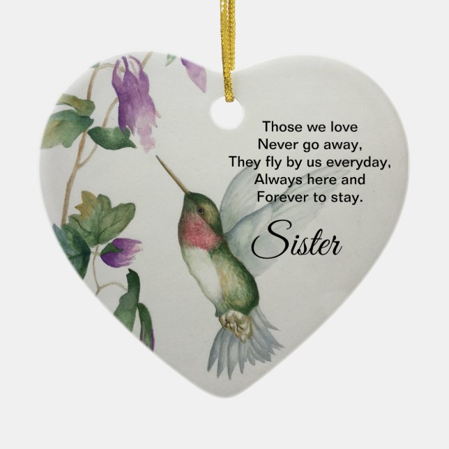 Sister Heart Memorial Never Go Away Bird Ceramic Tree Decoration (Front)
