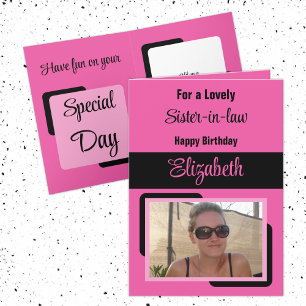 Sister-in-law add name photo pink black birthday card