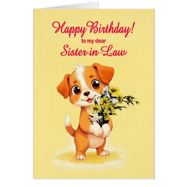 Sister In Law Birthday Puppy and Flowers  (Front)