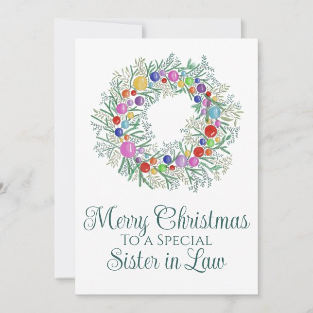 Sister in Law Colourful Christmas Wreath Holiday Card (Front)