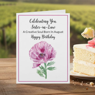 Sister in Law Happy August Birthday Purple Poppy Card