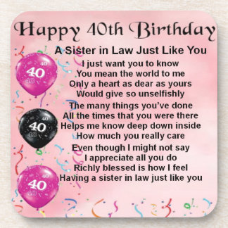 Sister in Law Poem 40th Birthday Coaster