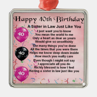 Sister in Law Poem 40th Birthday Metal Tree Decoration
