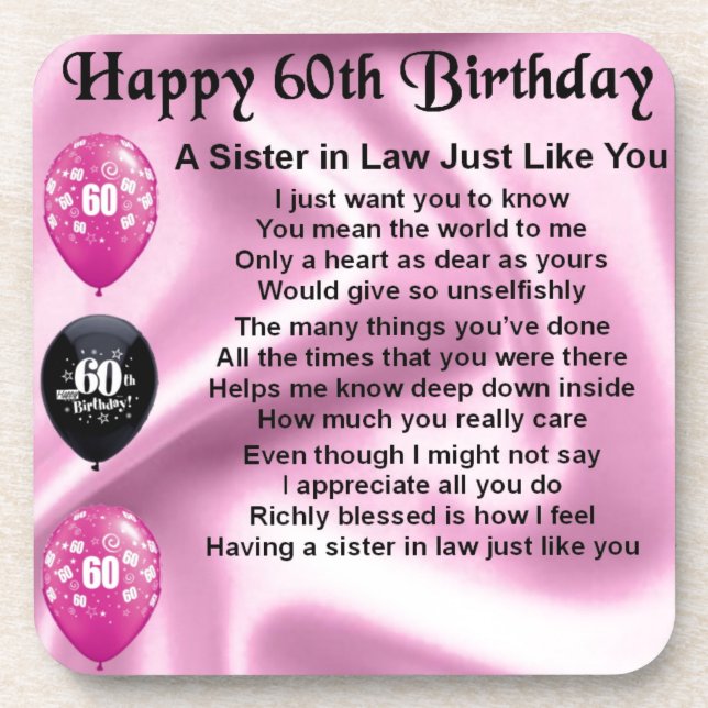 Sister in Law Poem - 60th Birthday Coaster (Front)