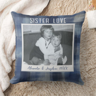 Sister Love photo keepsake names custom blue plaid Cushion