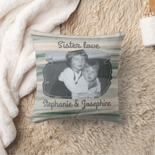 Sister love photo keepsake sage green beige stripe cushion