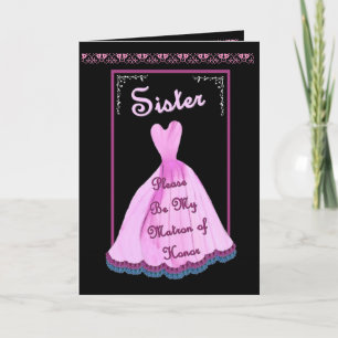 SISTER Matron of Honour - PINK Gown Flowered Trim Invitation