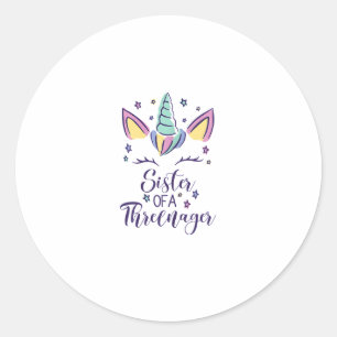 Sister Of A Threenager Girl 3rd Birthday Unicorn P Classic Round Sticker
