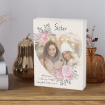 Sister Photo Floral Frame Geometric Gold Heart Wooden Box Sign<br><div class="desc">Custom Photo block which you can personalise for anyone and add a favourite saying or words from the heart. Your photo is set into a geometric heart shaped gold frame. The gemstone frame is decorated with watercolor bouquets of pink flowers. It is lettered with the wording "Sister .. always caring...</div>