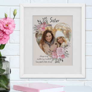 Sister Photo Gold Heart Shaped Pink Floral Frame Poster