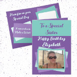 Sister photo name purple green birthday card<br><div class="desc">To a special sister.
Happy birthday.
Add a name and photo.
Purple,  green and mint.</div>