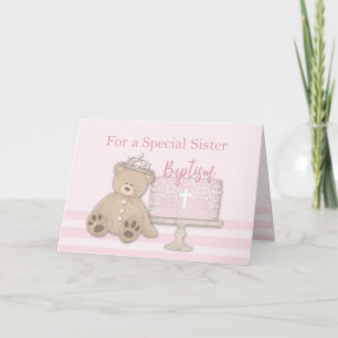 Sister Pink Baptism Cake Teddy Bear and Tiara Card