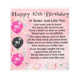 Sister Poem - 40th Birthday Notepad