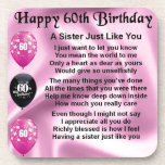 Sister poem  -  60th Birthday Coaster<br><div class="desc">A great gift for a sister on her 60th birthday</div>