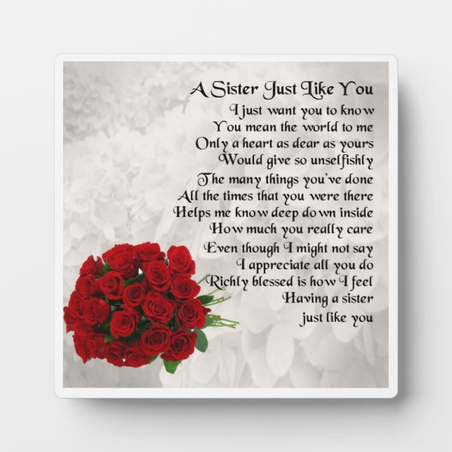Sister Poem Plaque -  Red  Roses  Design (Front)