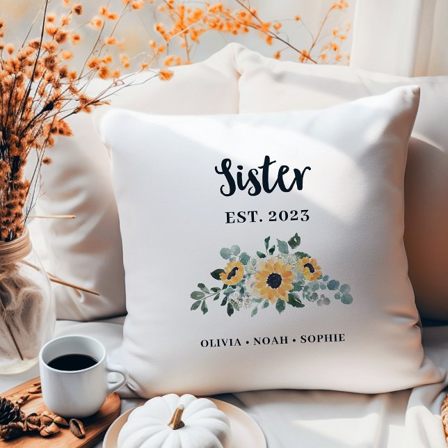 Sister | Pretty Rustic Sunflower and Names Cushion (A pretty, rustic keepsake pillow with sunflowers for your sister)