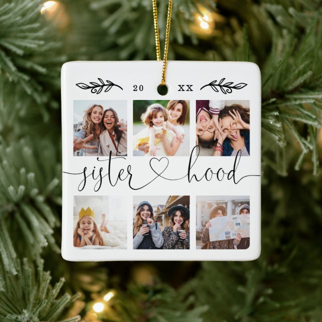 Sisterhood Script | Gift For Sisters Photo Collage Ceramic Ornament (Tree)