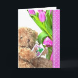 Sister's Birthday Teddy Bear  Card<br><div class="desc">Teddy bear with pink tulip bouquet and polka dot border and lace for Sister's Birthday.</div>
