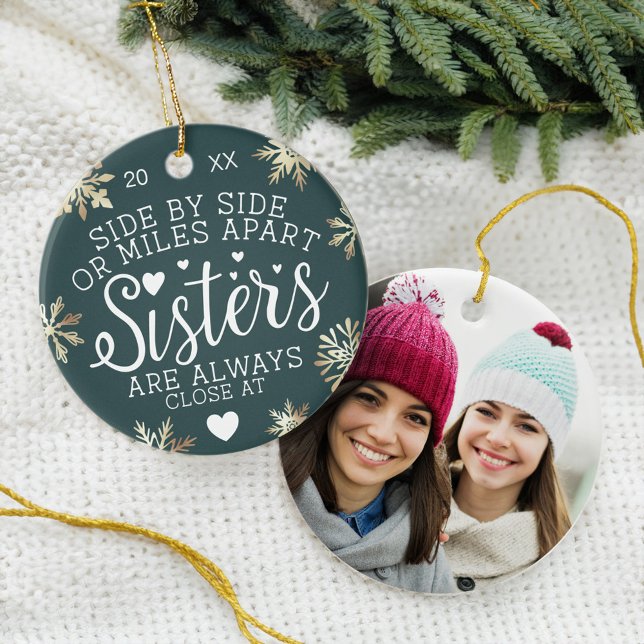 Sisters Connected At Heart Photo Keepsake Green Ceramic Tree Decoration (Sisters Connected At Heart Photo Keepsake Green Ceramic Ornament)