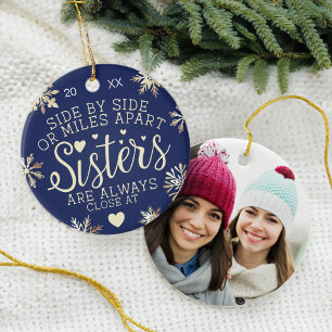Sisters Connected At Heart Photo Keepsake Navy Ceramic Tree Decoration
