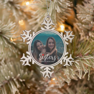 Sisters Connected At Heart Photo Keepsake White Snowflake Pewter Christmas Ornament