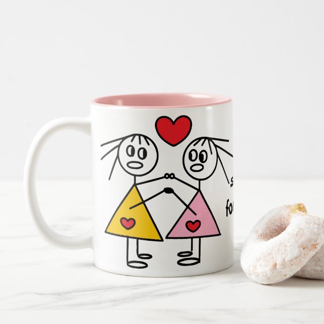 Sisters Forever Adorable Stick Figure Sisters Mug (With Donut)