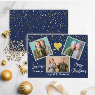 Sisters Forever Christmas Navy Blue Photo Collage  Holiday Card