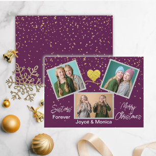 Sisters Forever Christmas Purple Photo Collage  Holiday Card
