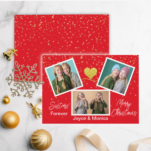 Sisters Forever Christmas Vivid Red Photo Collage Holiday Card