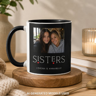 Sisters Heart Typography Black Photo Mug