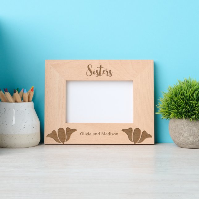 Sisters in Cursive Script Add Names with Flowers Etched Frames (Front)