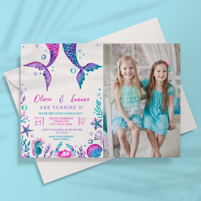 Sisters Joint Birthday Mermaid Pool Party Photo Invitation (Sisters Joint Birthday Mermaid Pool Party Photo Invitation)
