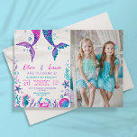 Sisters Joint Birthday Mermaid Pool Party Photo Invitation<br><div class="desc">This Sisters Joint Birthday Mermaid Photo is ideal for a sisters or two close friends birthday party. On the front of the invitation are two hand painted watercolor mermaid tails with coral, sea shells and sea creatures in a colour palette of turquoise, pink and purple. On the back of the...</div>