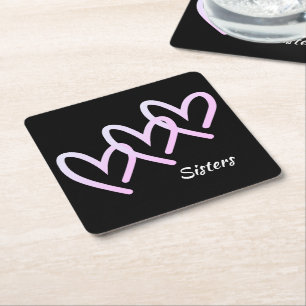 Sisters Love Heart Black Square Paper Coaster