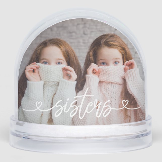 Sisters Love Hearts Personalised Photo Snowglobe (Front)