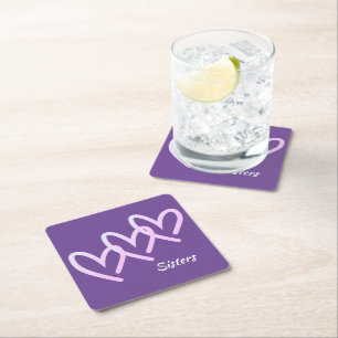 Sisters Love Purple Heart Square Paper Coaster
