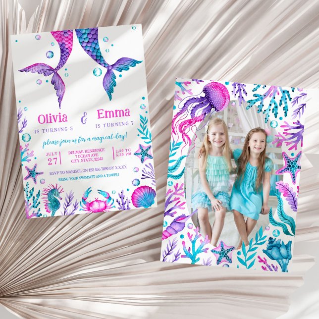 Sisters Mermaid Joint Birthday Party Photo Invitation (Sisters Mermaid Joint Birthday Party Invitation)
