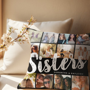 SISTERS, Photo Collage & Names Sibling Cushion